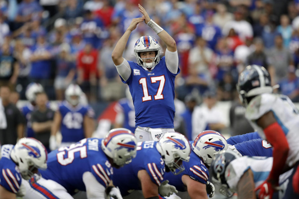 Buffalo Bills quarterback Josh Allen (17) might face the Titans on Tuesday. (AP Photo/James Kenney)