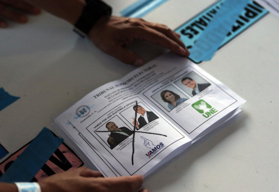 Election officials start counting marked ballots after polling stations closed during general elections in Guatemala City, Sunday, Aug. 11, 2019. Guatemalans voted Sunday in a presidential runoff pitting former first lady Sandra Torres against conservative Alejandro Giammattei in a nation beset by poverty and unemployment, and dealing with migration issues. (AP Photo/Oliver de Ros)