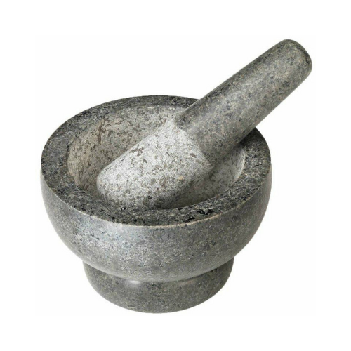 gray mortar and pestle against white background