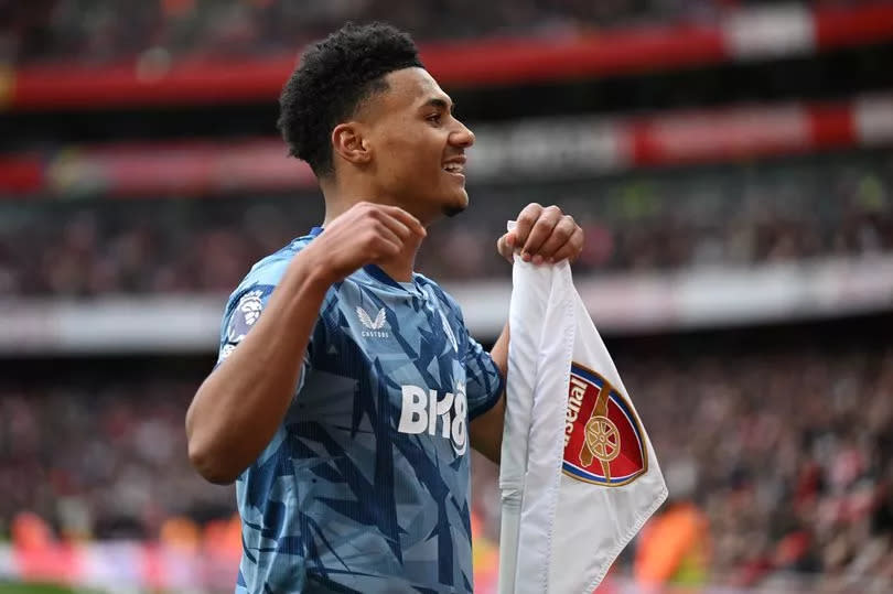 Ollie Watkins of Aston Villa celebrates after scoring his team's 2nd goal during the Premier League match between Arsenal FC and Aston Villa at Emirates Stadium on April 14, 2024 in London, England.