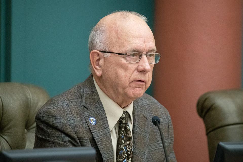 At-Large Councilman Mike Pusley speaks during the first council meeting of the year, Jan. 10, 2023, in the Council Chambers at City Hall in Corpus Christi, Texas.
