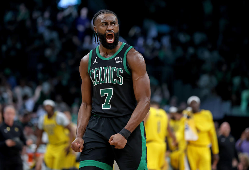 Boston, MA - May 23: Jaylen Brown #7 of the Boston Celtics screams out in celebration during the second half of Game 2 of the Eastern Conference Finals against the Indianapolis Pacers at the TD Garden.  (Photo By Matt Stone/Boston Herald)