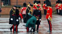 <p> Kate Middleton reassured high-heel wearers the world over when she got caught with a relatable problem. </p> <p> The Princess, who was pregnant with Prince George at the time, had to be helped by Prince William as she got her heels stuck in the grating while they took part in a St Patrick's Day parade in 2013. </p> <p> Kate, decked out in green, wasn't deterred by the goof. She would later be appointed the Colonel of the Irish Guards in 2022. </p>