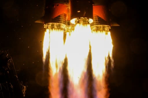 Russia's Soyuz MS-12 spacecraft carrying NASA astronauts Christina Koch and Nick Hague, with Russian cosmonaut Alexey Ovchinin, blasts off to the International Space Station from the launch pad at the Russian-leased Baikonur cosmodrome in Kazakhstan