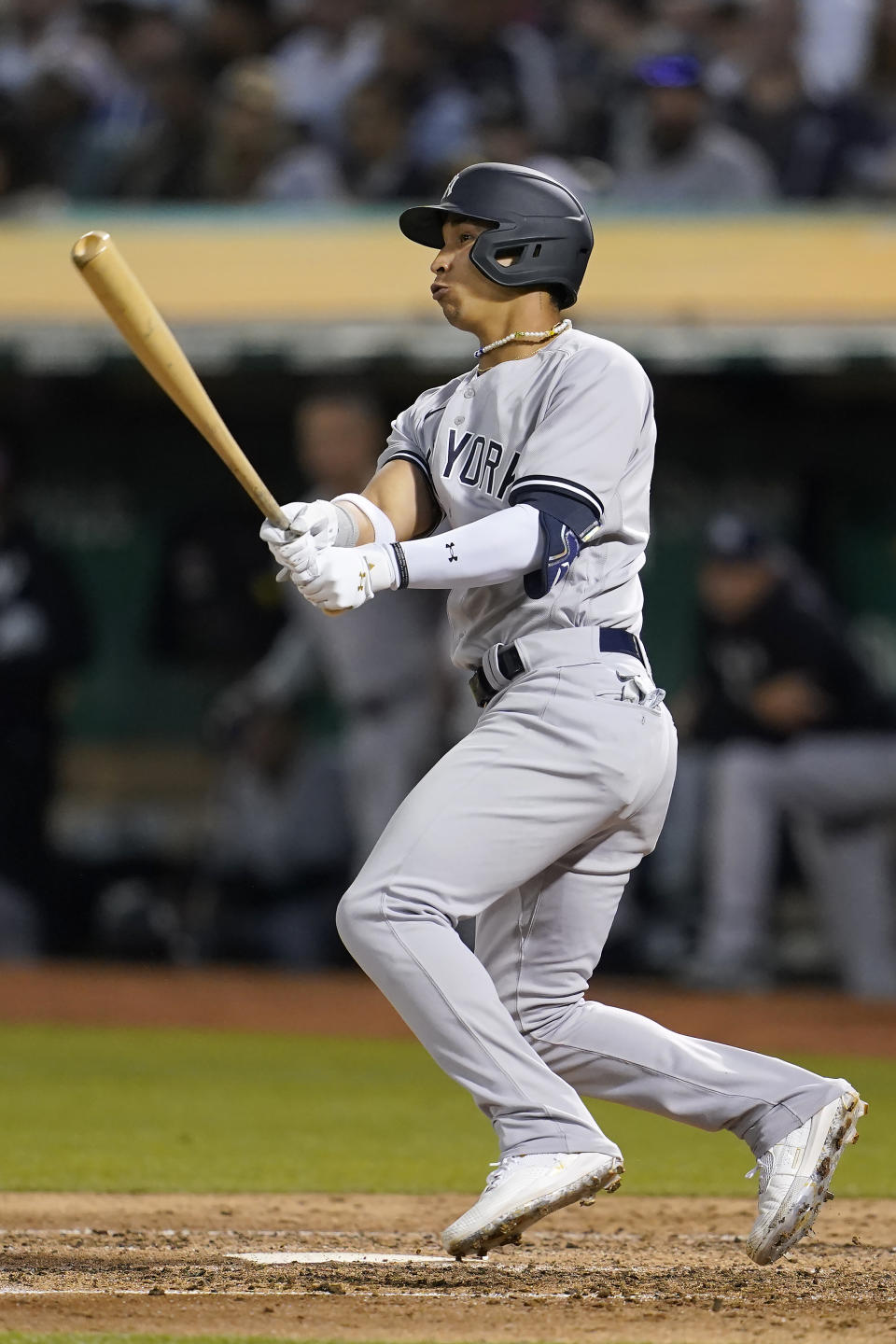 New York Yankees' Oswaldo Cabrera hits a single against the Oakland Athletics during the fifth inning of a baseball game in Oakland, Calif., Friday, Aug. 26, 2022. (AP Photo/Jeff Chiu)