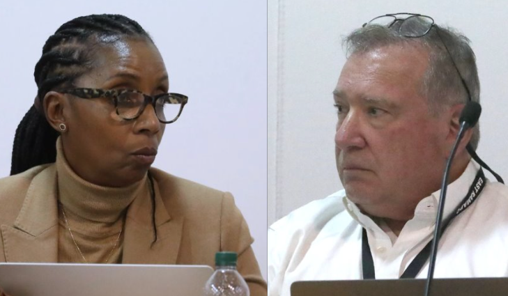 This composite image shows East Ramapo school district state-appointed education monitor Shelley Jallow, left, and fiscal monitor Bruce Singer, right, at a March 5, 2024 school board meeting at the district's administration building in Spring Valley.