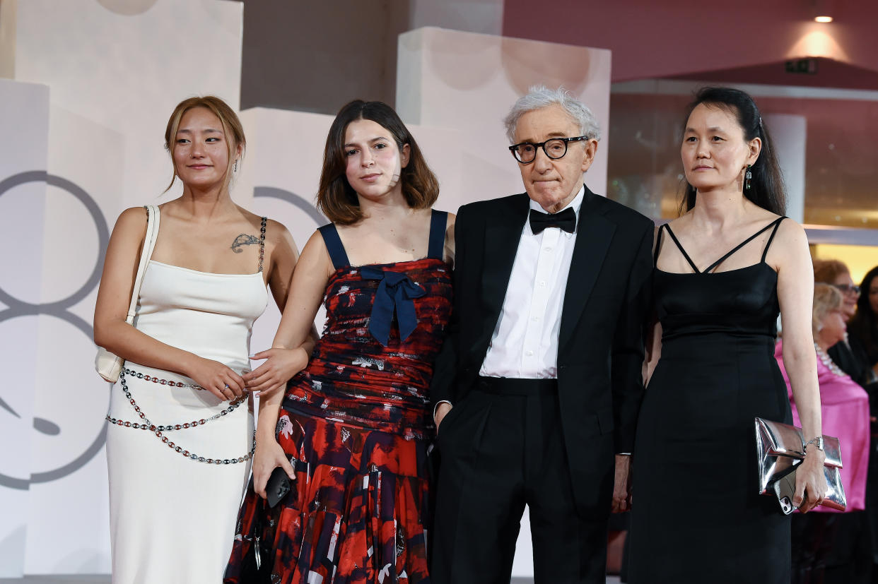 Woody Allen, wife Soon-Yi Previn and their daughters at the Venice International Film Festival on Sept. 4, 2023 (Marilla Sicilia/Archivio Marilla Sicilia/Mondadori Portfolio via Getty Images)
