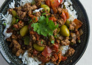 <div class="caption-credit"> Photo by: Photo by Kimberley Hasselbrink</div><b>Picadillo </b> <br> <br> Sauté ground beef with chopped onion, chopped green bell pepper, minced garlic and ground cumin. Stir in canned crushed tomatoes, raisins, capers and green olives. Simmer until thickened. Serve over rice.