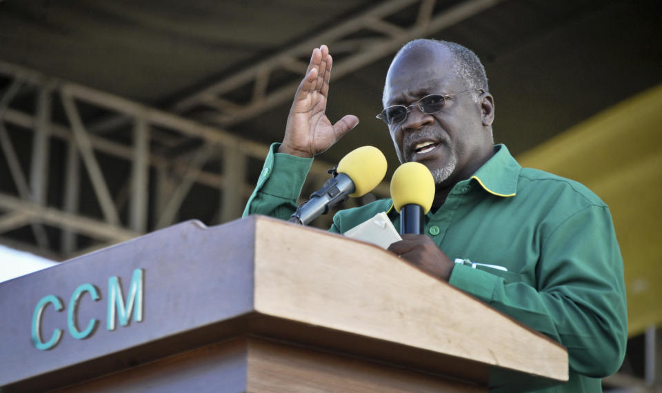 Tanzania President John Magufuli of the Chama Cha Mapinduzi (CCM) party, speaks at an election rally. (AP Photo/Khalfan Said)