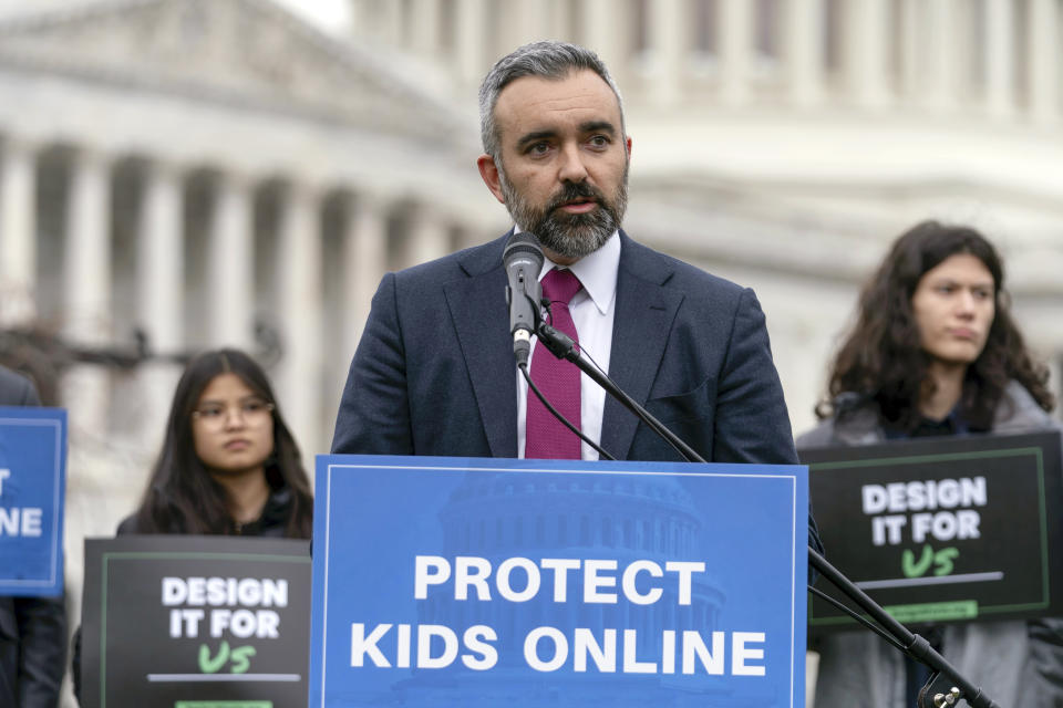 New Mexico Attorney General Raúl Torrez speaks during a rally to protect kids online on Capitol Hill in Washington, Wednesday, Jan. 31, 2024. (AP Photo/Jose Luis Magana)