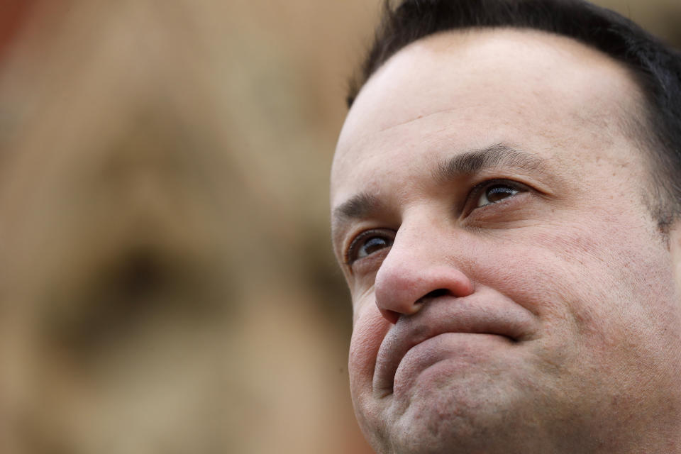 Taoiseach Leo Varadkar at the Queen's University Belfast in Belfast, Wednesday, April 19, 2023 during the international conference to mark the 25th anniversary of the Belfast/Good Friday Agreement. (AP Photo/Peter Morrison)