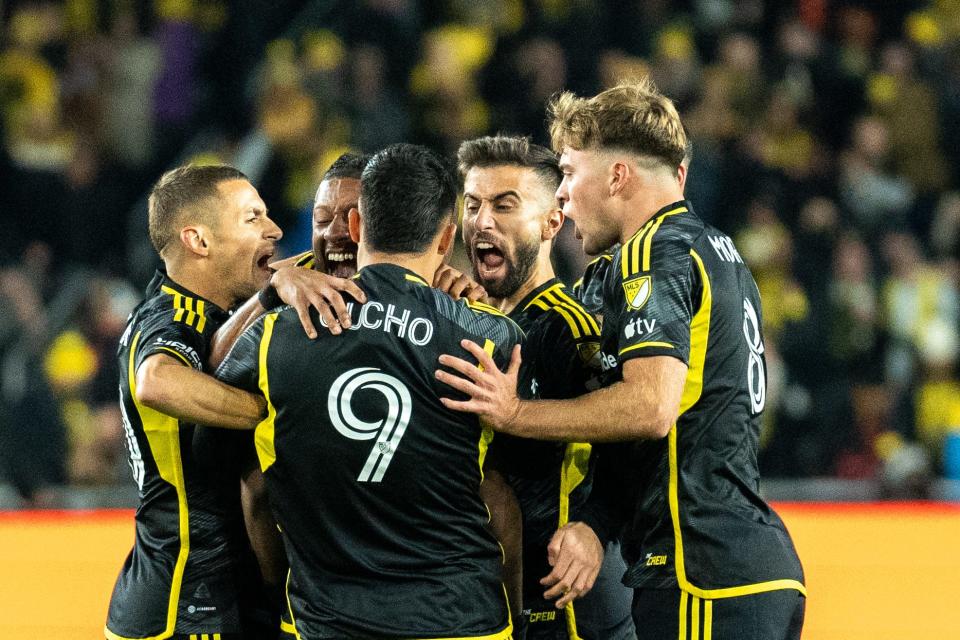 Nov 12, 2023; Columbus, Ohio, USA;
Columbus Crew celebrate Darlington Nagbe’s (6) first goal on Atlanta United during game three of their series on Sunday, Nov. 12, 2023 at Lower.com Field.