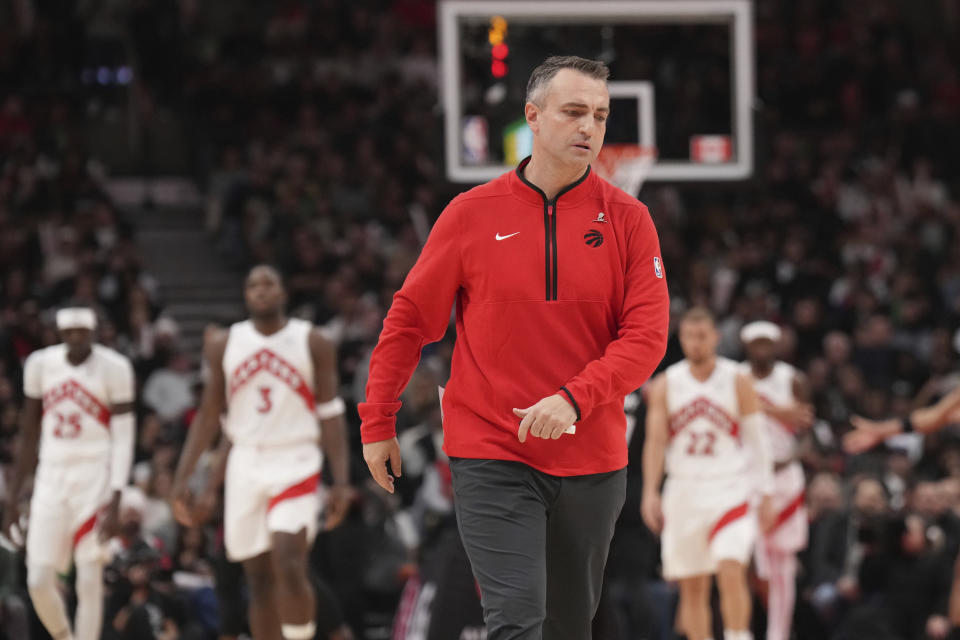 Toronto Raptors head coach Darko Rajaković calls a timeout during the first half of an NBA basketball game game against the Portland Trail Blazers in Toronto, Monday, Oct. 30, 2023. (Nathan Denette/The Canadian Press via AP)