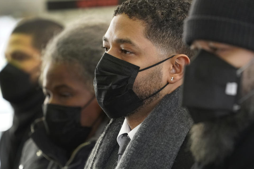 Actor Jussie Smollett arrives Tuesday, Dec. 7, 2021, at the Leighton Criminal Courthouse for day six of his trial in Chicago. Smollett is accused of lying to police when he reported he was the victim of a racist, anti-gay attack in downtown Chicago nearly three years ago, in Chicago. (AP Photo/Charles Rex Arbogast)