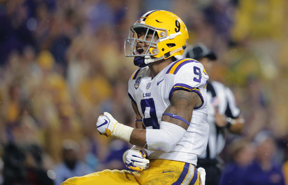 FILE - In this Sept. 29, 2018, file photo, LSU safety Grant Delpit (9) celebrates his sack of Mississippi quarterback Jordan Ta'amu during the first half of a game in Baton Rouge, La. Delpit was named to the 2018 AP All-America NCAA college football team, Monday, Dec. 10, 2018. (AP Photo/Gerald Herbert, File)