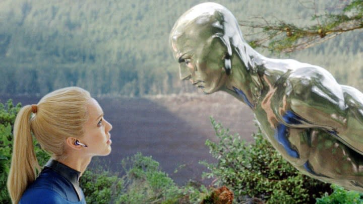 The Invisible Woman comes face-to-face with the Silver Surfer in Fantastic Four: Rise of the Silver Surfer.