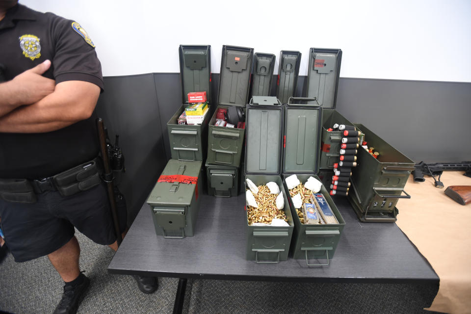 LONG BEACH, CA - AUGUST 21: Long Beach police announced the arrest of 37-year-old Rodolfo Montoya for making threats of violence against his workplace, the Marriott Long Beach near the airport in Long Beach on Wednesday, August 21, 2019. Police searched the suspects home and seized this into evidence,  multiple weapons along with hundreds of rounds of ammunition and tactical gear. (Photo by Brittany Murray/MediaNews Group/Long Beach Press-Telegram via Getty Images)