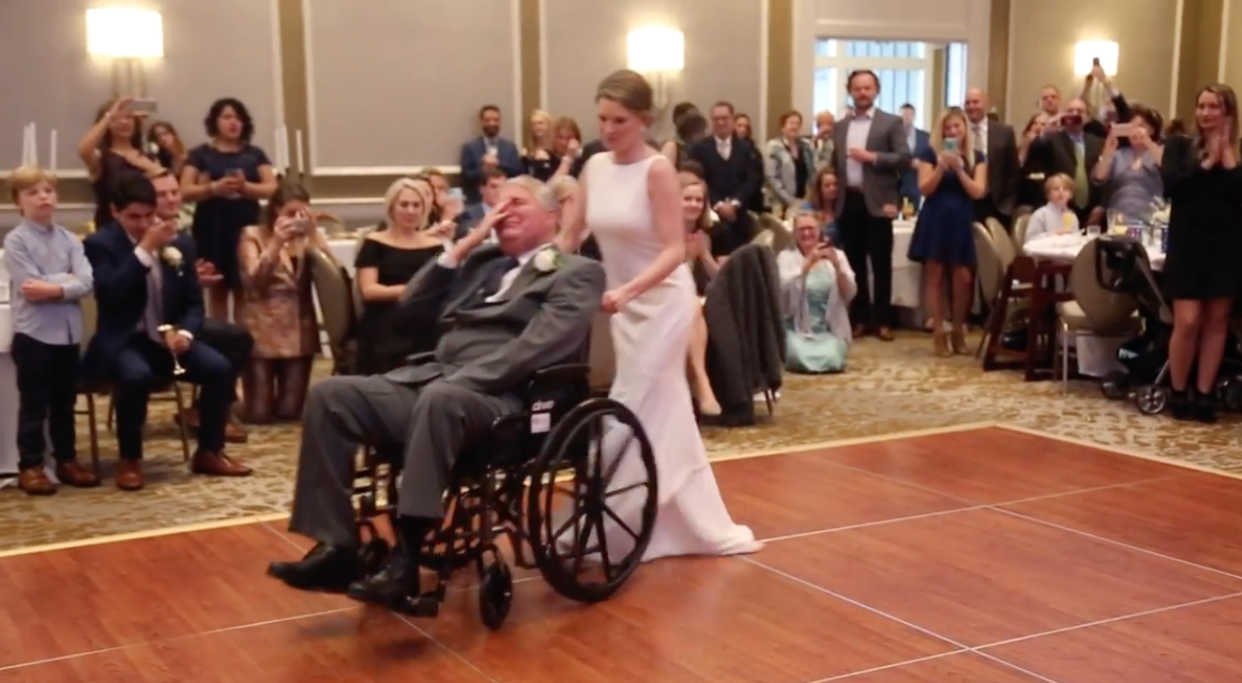 Mary Bourne Butts dances with her father, Jim Roberts, to “their song” at her wedding. (Photo: Facebook)