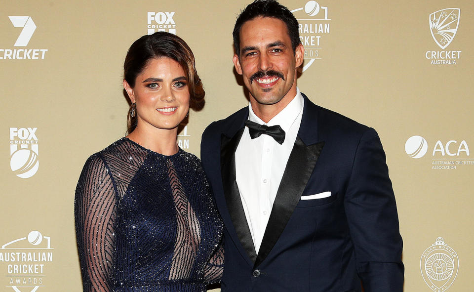 Mitchell Johnson and wife Jessica, pictured here at the Australian Cricket Awards in 2019. 