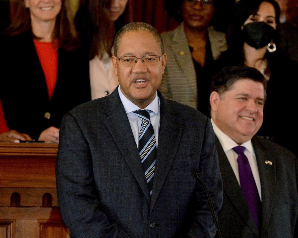 Michael Strautmanis, executive vice president of the Obama Foundation, makes remarks in Representative Hall in the Old State Capitol Wednesday. A marker now commemorates Barack Obama's campaign announcement, made on the capitol plaza, for the White House in 2007.