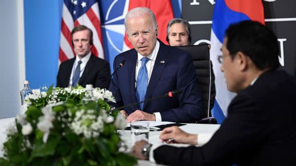 PHOTO: President Joe Biden, Secretary of State Antony Blinken and US National Security Advisor Jake Sullivan meet with Japan's Prime Minister Fumio Kishida during the NATO summit in Madrid, June 29, 2022. (Brendan Smialowski/AFP via Getty Images)