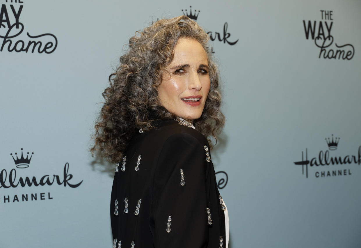 Andie MacDowell reflects on her gray hair. (Photo: Mike Coppola/Getty Images for Hallmark Media)
