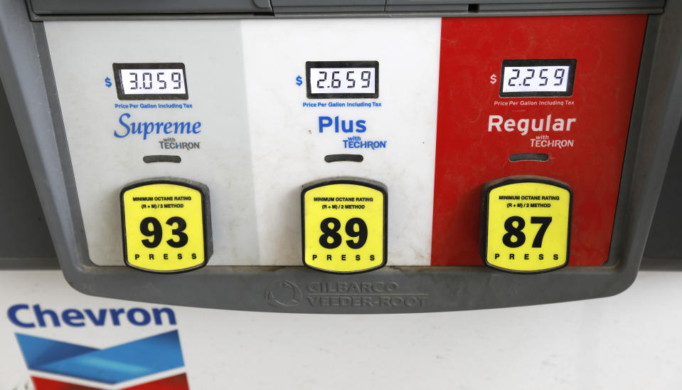 A Chevron gas pump displays the various types of fuel and their prices at this Flowood, Miss., station, Wednesday, June 26, 2019. (AP Photo/Rogelio V. Solis)