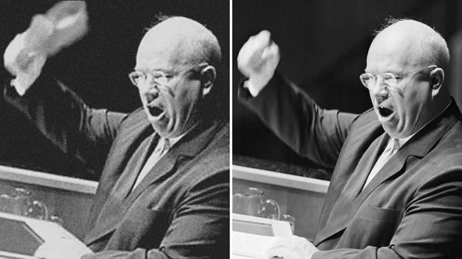 A la izquierda fotografía manipulada de Nikita Khrushchev blandiendo el zapato en la ONU en 1960 a la derecha la imagen original (imagen vía Wikipedia)