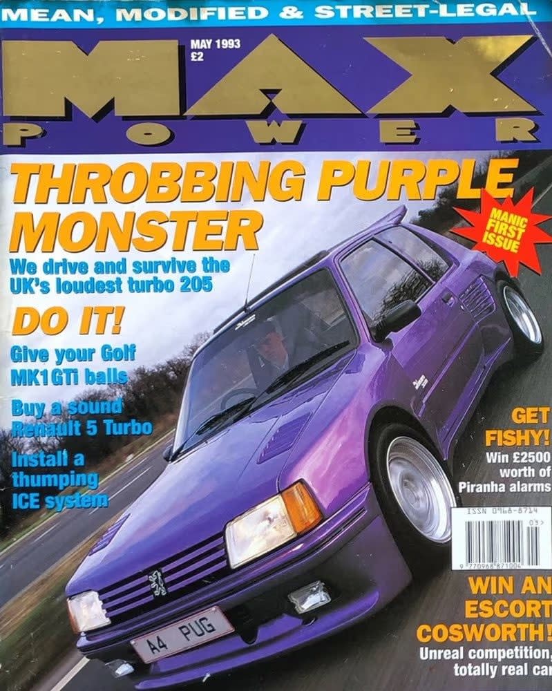 Max Power magazine's cover featuring a purple Peugeot 205 GTi 1.9