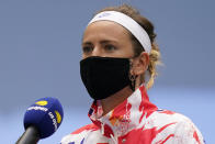 Victoria Azarenka, of Belarus, answers questions before playing against Naomi Osaka, of Japan, in the women's singles final of the US Open tennis championships, Saturday, Sept. 12, 2020, in New York. (AP Photo/Seth Wenig)