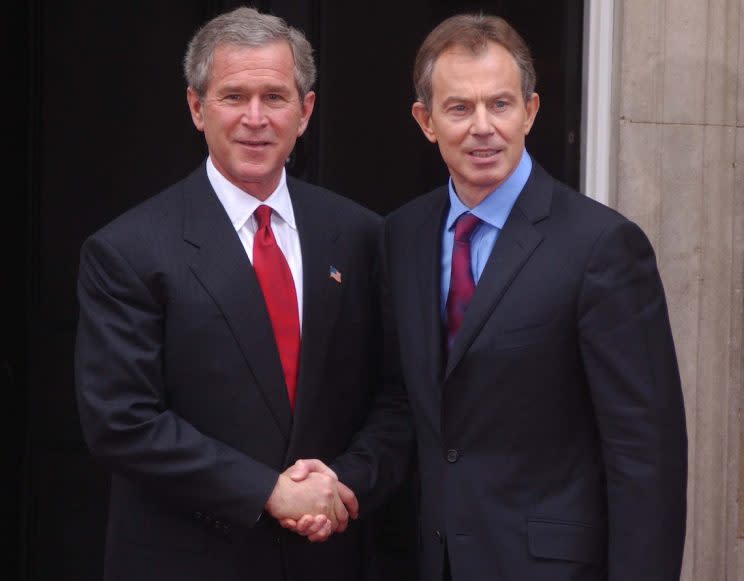 George W Bush and Tony Blair outside Downing Street in 2003. (Rex)