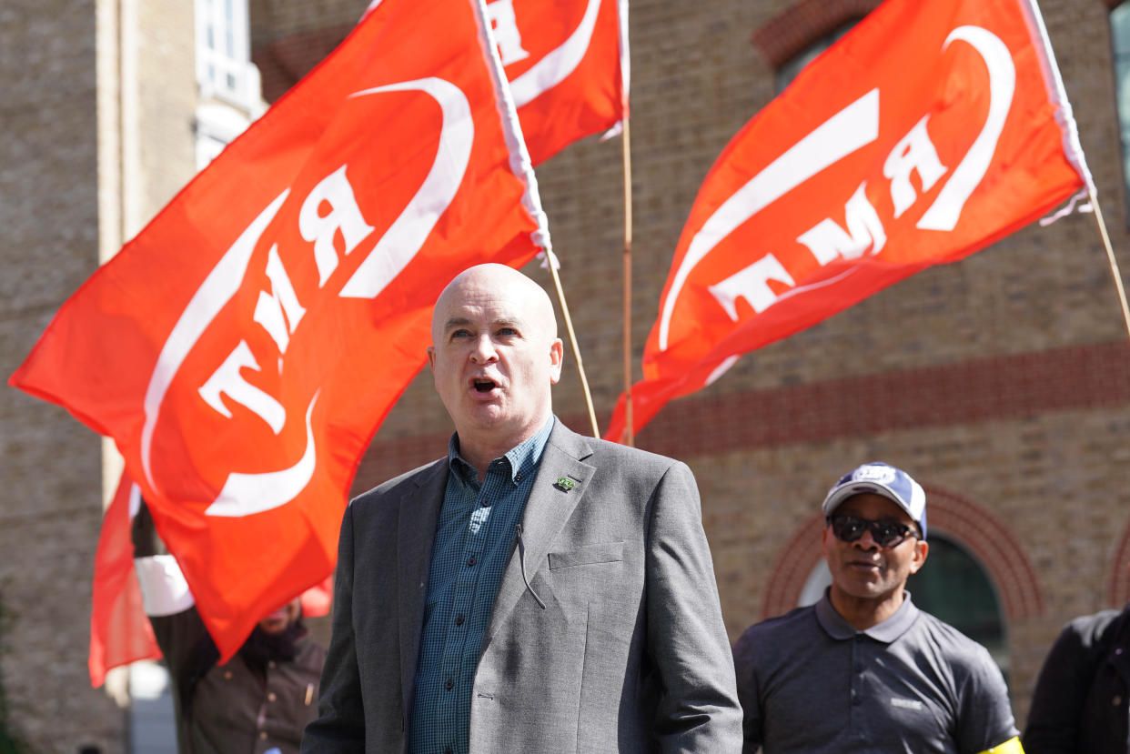 RMT general secretary Mick Lynch on a picket line outside King's Cross St Pancras station in London, as members of the Rail, Maritime and Transport union begin their nationwide strike along with London Underground workers in a bitter dispute over pay, jobs and conditions. Picture date: Tuesday June 21, 2022.