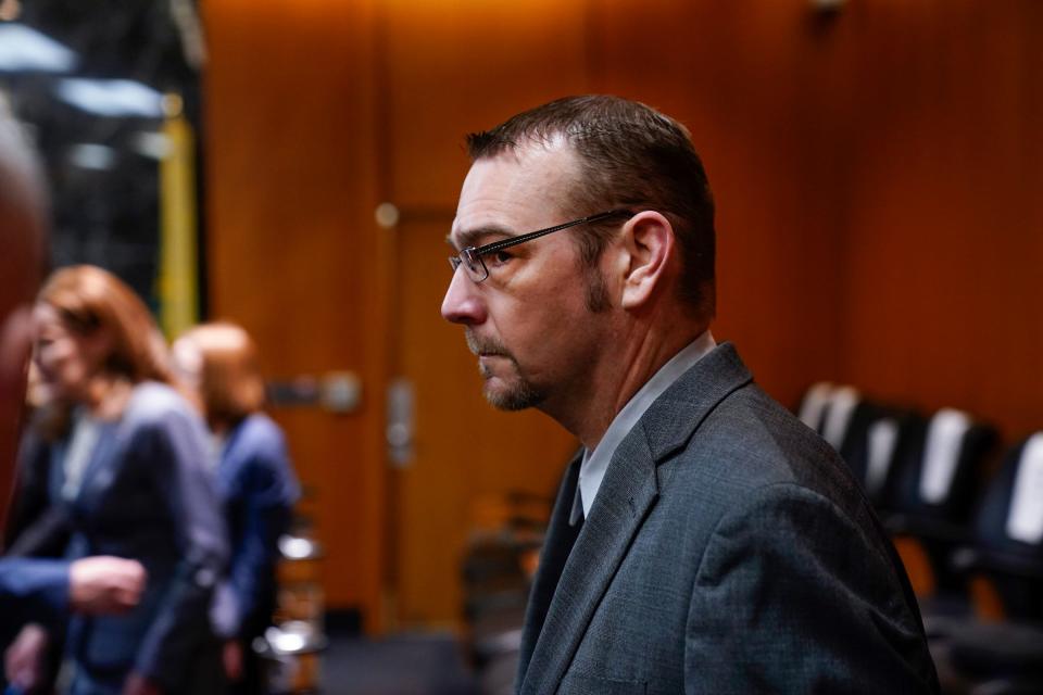 James Crumbley enters the Oakland County Courtroom of Cheryl Matthews on Wednesday March, 13, 2024 during his trial on four counts of involuntary manslaughter for the four students killed in the 2021 Oxford High School shooting perpetrated by his son Ethan Crumbley.