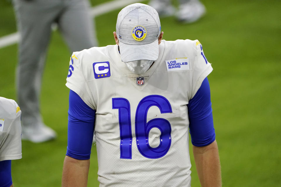 Los Angeles Rams quarterback Jared Goff walks off the field after a loss to the New York Jets. (AP Photo/Jae C. Hong)