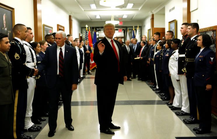 President Trump and Vice President Mike Pence greet military personnel at the Pentagon