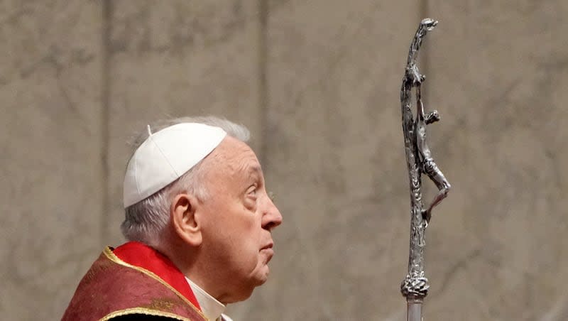 Pope Francis holds the pastoral staff as he presides over the Pentecost Mass in St. Peter's Basilica at the Vatican, Sunday, May 19, 2024. In a rare interview, Pope Francis called for peace in Ukraine and Gaza, and for Americans to treat migrants “humanely,” on “60 Minutes.”