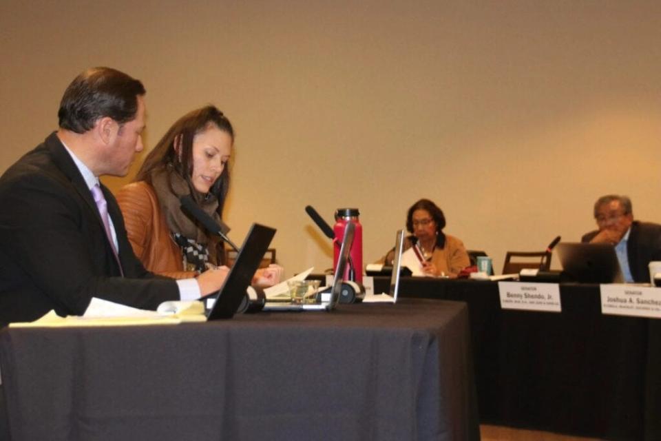 Former Indian Affairs Secretary-designate James Mountain and his replacement, Josett Monette, testify at an Indian Affairs Committee hearing in November.