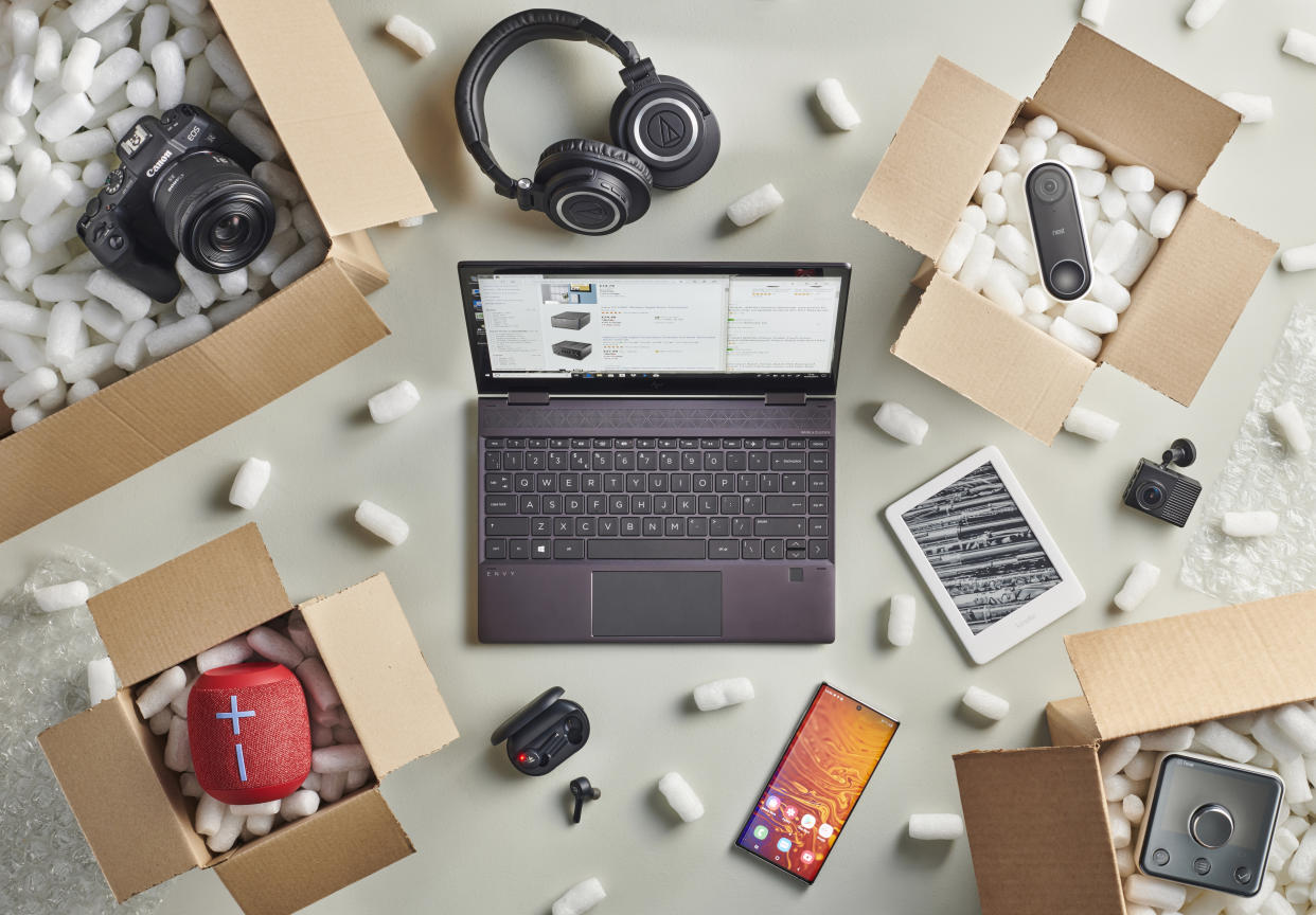 A group of Black Friday online shopping purchases photographed in delivery boxes filled with polystyrene packing pellets, taken on September 13, 2019. (Photo by Neil Godwin/Future Publishing via Getty Images)