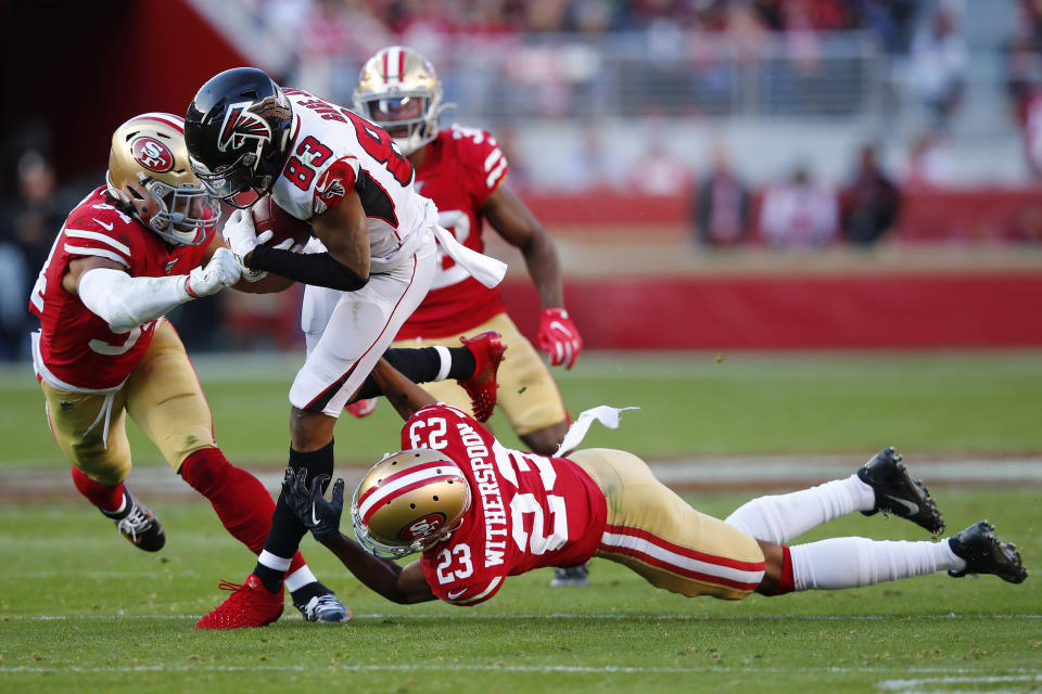 Atlanta Falcons wide receiver Russell Gage (83) runs against San Francisco 49ers middle linebacker Fred Warner, left, and cornerback Ahkello Witherspoon (23) during the first half of an NFL football game in Santa Clara, Calif., Sunday, Dec. 15, 2019. (AP Photo/John Hefti)