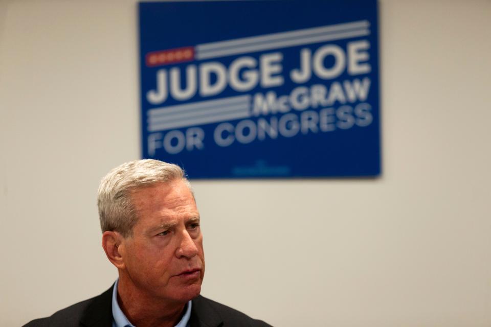 Joe McGraw, a Republican candidate for U.S. Congress, hosts a law enforcement roundtable Wednesday, Jan. 31, 2024, at his campaign office in Rockford.