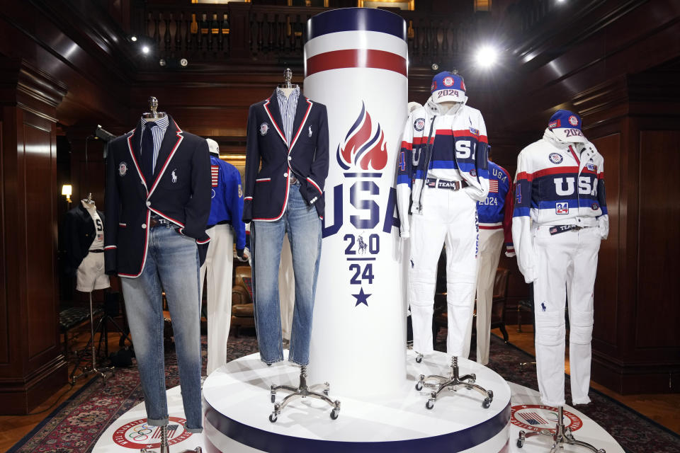 Team USA Paris Olympics attire is displayed at Ralph Lauren headquarters on Monday, June 17, 2024, in New York. (Photo by Charles Sykes/Invision/AP)