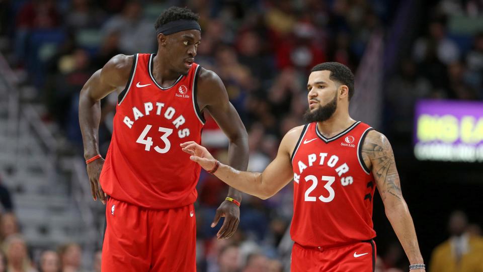 Nov 8, 2019; New Orleans, LA, USA; Toronto Raptors forward Pascal Siakam (43) and guard Fred VanVleet (23) talk in the second quarter against the New Orleans Pelicans at the Smoothie King Center. Mandatory Credit: Chuck Cook-USA TODAY Sports