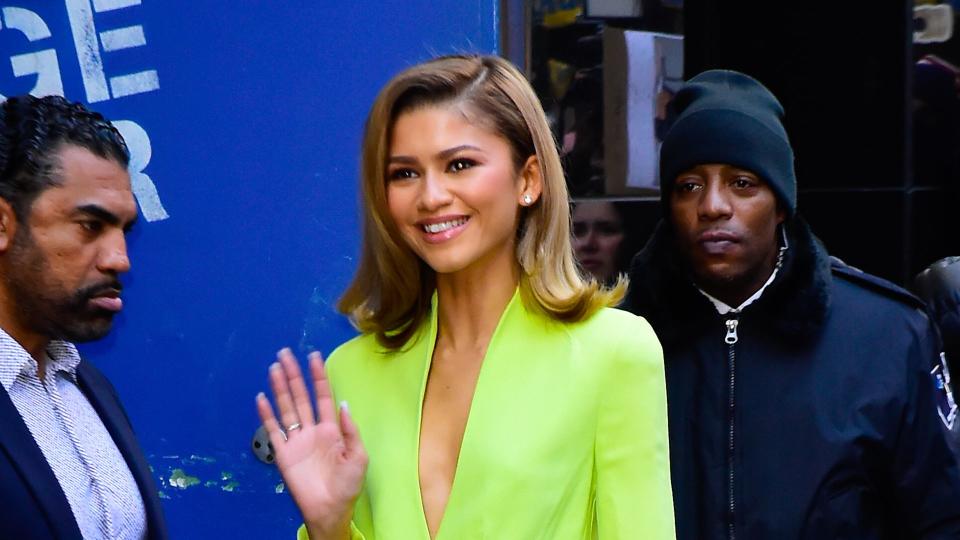  Zendaya is seen in outside "Good Morning America"  on April 23, 2024 in New York City wearing a neon green suit