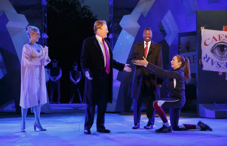 Delta Air Lines and Bank of America are pulling their sponsorship of New York’s Public Theater’s production of “Julius Caesar,” which features a Donald Trump look-alike in the title role. (Photo: Joan Marcus/The Public Theater via AP)