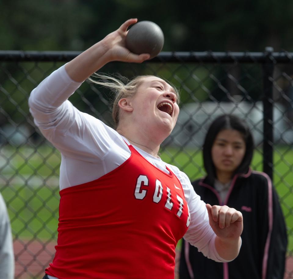 Thurston’s Bailey Tovey competes in the girls shot put on her way to first place during a meet at Thurston High School Wednesday, April 3, 2024 in Springfield.