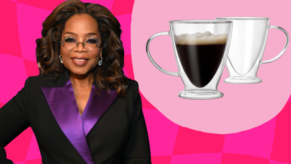 oprah wearing a black and purple blazer next to two glass mugs, one holding coffee, on a pink background