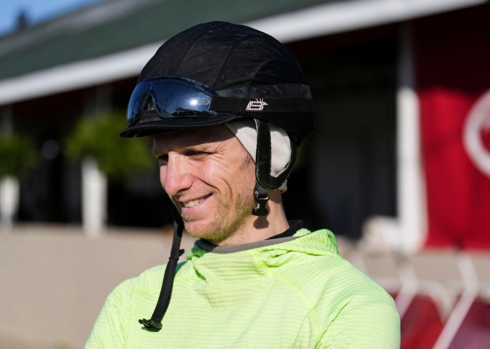 Jockey Jareth Loveberry, outside Barn 1 Tuesday morning at Churchill Downs in Louisville, Ky.,  will ride Kentucky Derby contender Two Phil's. May 2, 2023