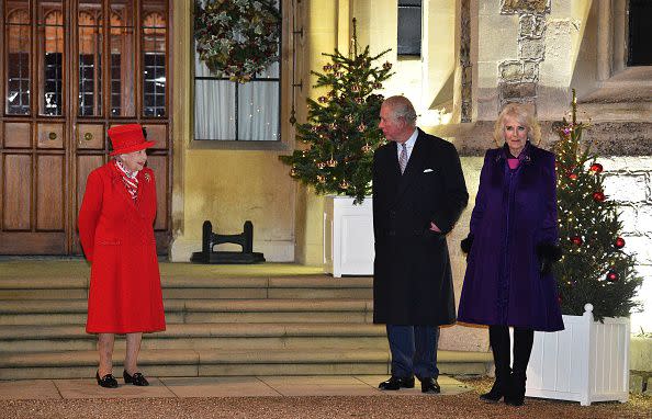 2020: Queen Elizabeth II (left) talks with Charles, Prince of Wales, and Camilla, Duchess of Cornwall, as they wait to thank local volunteers and key workers for the work they are doing during the coronavirus pandemic and over Christmas in the quadrangle of Windsor Castle on December 8, 2020, in Windsor, England.