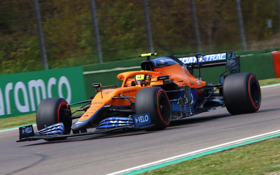 British Formula One driver Lando Norris of the McLaren F1 Team in action during the third practice session of the Formula One Grand Prix Emilia Romagna at Imola race track, Italy, 17 April 2021. The Formula One Grand Prix Emilia Romagna will take place on 18 April 2021. Formula One Grand Prix Emilia Romagna, Imola, Italy - 17 Apr 2021 - DAVIDE GENNARI/EPA-EFE/Shutterstock 