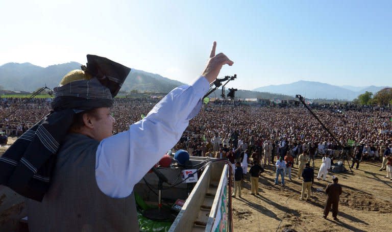 Pakistani former premier Nawaz Sharif addresses supporters during a general election campaign in Mansehra on March 25, 2013. Pakistani politicians may be bitter rivals who exploit the tiniest chance to score points off one another, but one thing unites them as they campaign for May elections: fear of attack